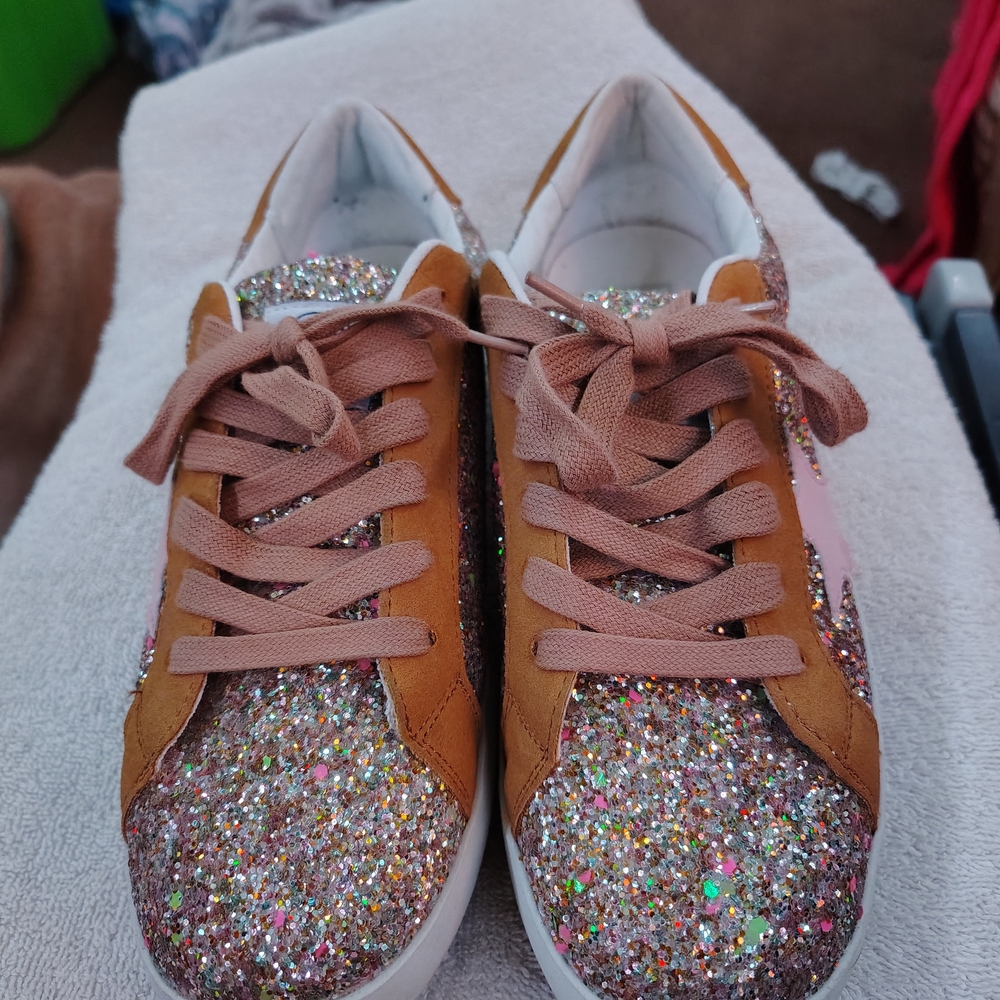 Playful Brown and Pink Sneakers with Glitter Accents